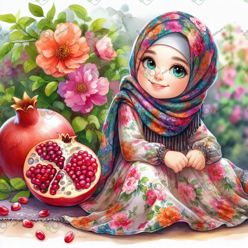 بک گراند کودکانه یلدا با طرح دختر بچه با حجاب با پیراهن گل گلی و انار در باغ گل-کد 44710(ویژه عکس گراف)