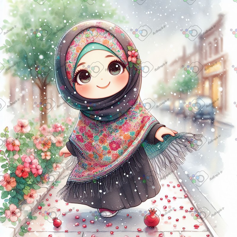 بک گراند کودکانه یلدا با طرح دختر بچه با حجاب در حال راه رفتن در پیاده رو پر از دانه های انار در روز برفی-کد 44743(ویژه عکس گراف)