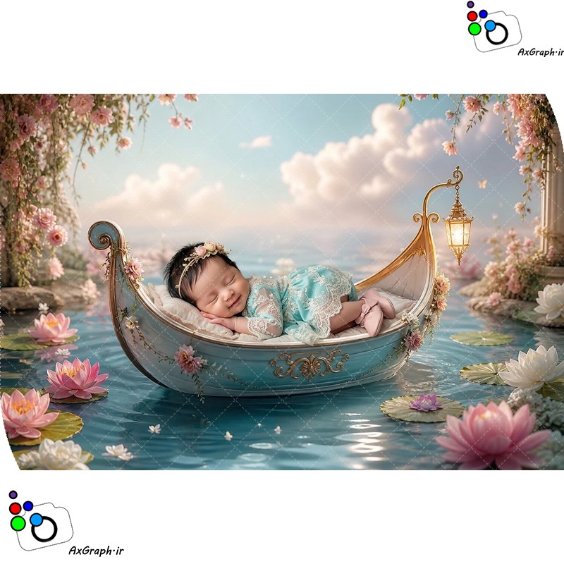 بک دراپ نوزاد قایق آبی وسط دریاچه-کد 55494(ویژه عکس گراف)