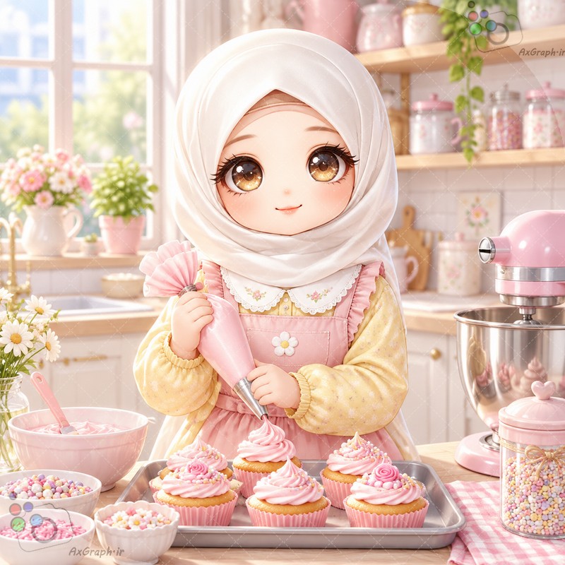 طرح دختربچه با حجاب قناد در حال تزیین کاپ‌کیک در آشپزخانه صورتی بهاری - کد ۴۵۰۲۶ (ویژه عکس گراف)