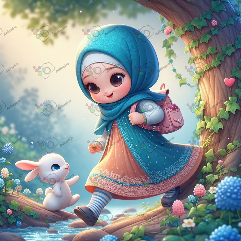 بک گراند کودکانه دختر بچه ناز با حجاب در حال بازی با خرگوش سپید ناز-کد 44417(ویژه عکس گراف)