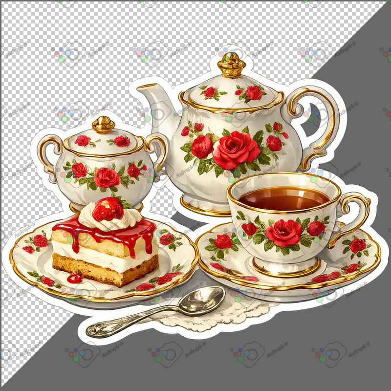 طرح برچسب سرویس چای گل رز و برش کیک-کد 70073(ویژه عکس گراف)