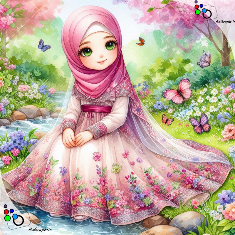 بک گراند کودکانه دختر ناز با حجاب نشسته کنار چشمه در باغ بهاری-کد 44833(ویژه عکس گراف)