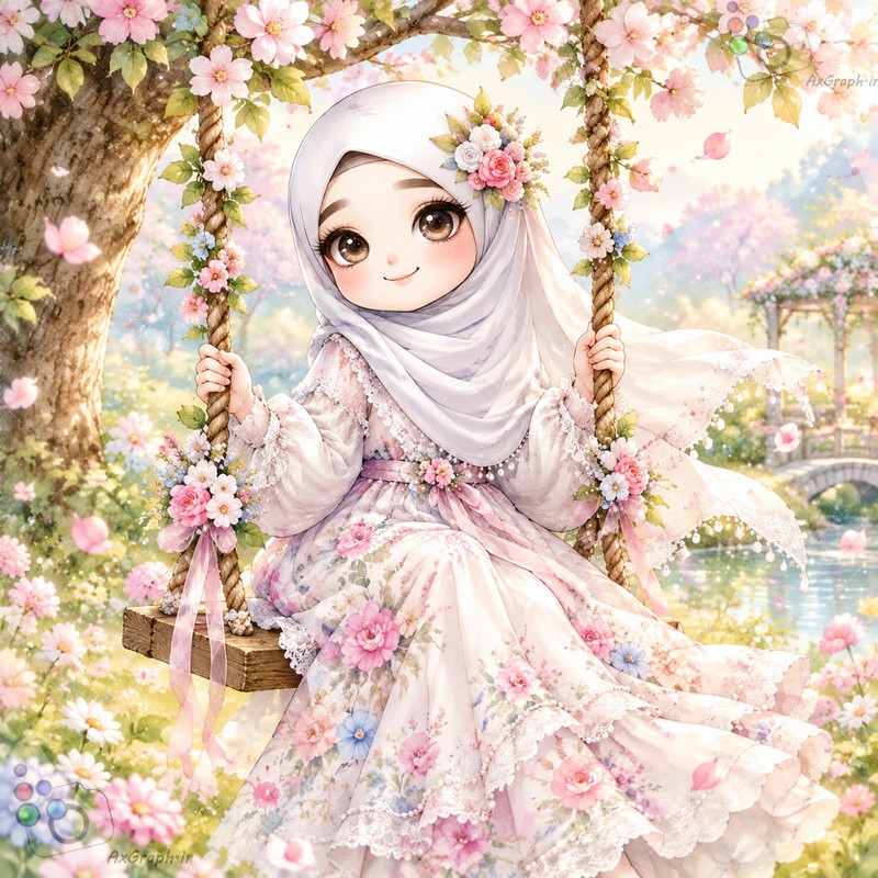 🌟🌸 طرح دختربچه پرنسسی باحجاب روی تاب گل‌دار در باغ بهشتی و شکوفه‌های بهاری - کد ۴۵۰۱۳ (ویژه عکس گراف) 🌷🕊️✨