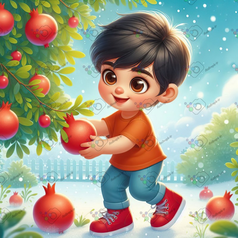 بک گراند کودکانه یلدا با طرح پسربچه ای که از درخت انار میچیند-کد 44771(ویژه عکس گراف)