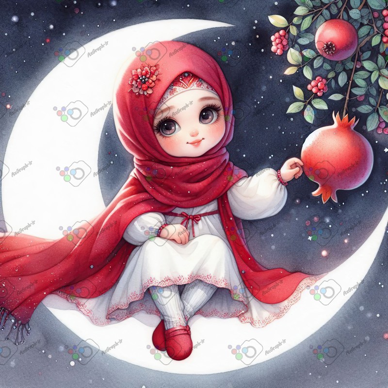 بک گراند کودکانه یلدا با طرح دختر بچه با حجاب و ماه و انار-کد 44663(ویژه عکس گراف)
