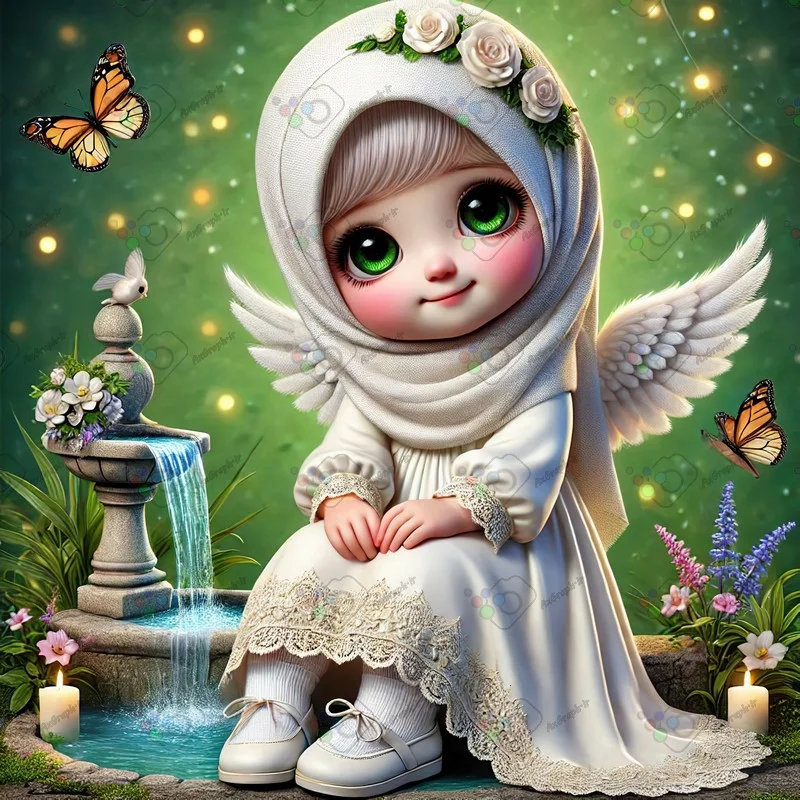 بک گراند کودکانه فرشته کوچولوی ناز با حجاب نشسته لب حوض کنار فواره-کد 43590(ویژه عکس گراف)