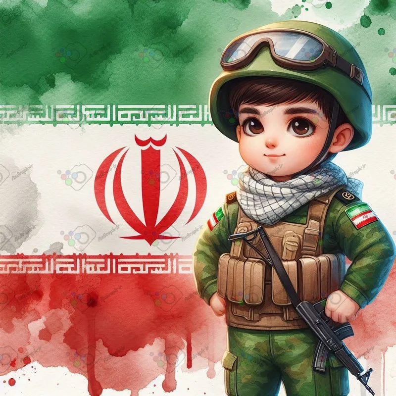 بک گراند کودکانه پسر بچه ایرانی با لباس نظامی و پرچم ایران-کد 43889(ویژه عکس گراف)