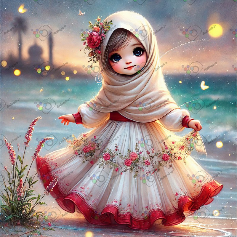 بک گراند کودکانه دختر ریزه میزه ناز با حجاب ایستاده کنار دریا-کد 44528(ویژه عکس گراف)
