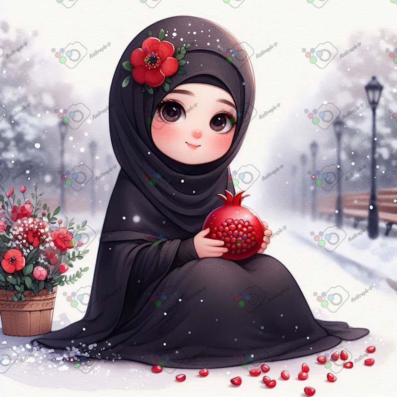 بک گراند کودکانه یلدا با طرح دختر ناز با حجاب و انار و خیابان برفی-کد 44735(ویژه عکس گراف)