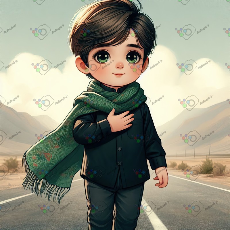 بک گراند کودکانه پسر بچه با لباس مشکی و شال سبز در حال سلام دادن-کد 44370(ویژه عکس گراف)