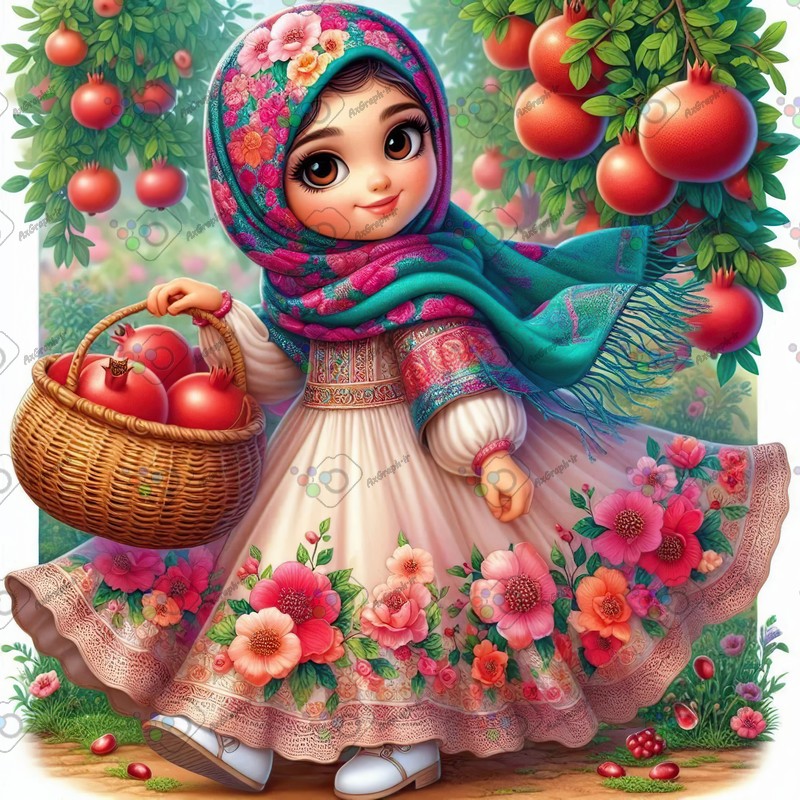 بک گراند کودکانه یلدا با طرح دختر ناز با حجاب و سبد انار-کد 44690(ویژه عکس گراف)