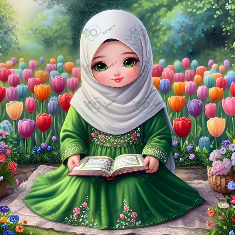 بک گراند کودکانه دختر بچه ناز با حجاب در حال قرآن خواندن در باغ لاله های رنگارنگ-کد 44575(ویژه عکس گراف)