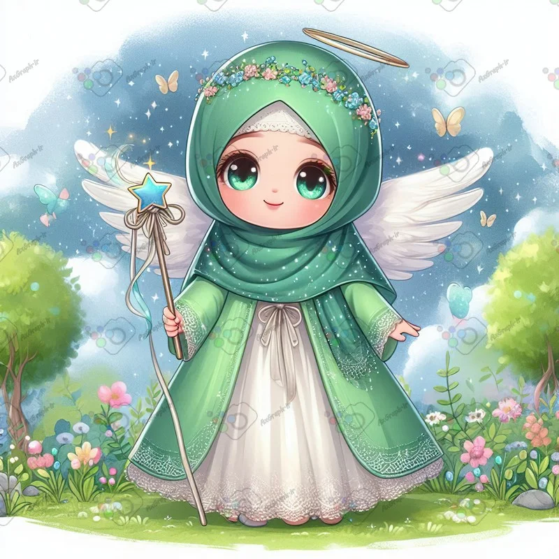 بک گراند کودکانه فرشته کوچولوی ناز با حجاب و چوب جادویی در دشت گلها-کد 43580(ویژه عکس گراف)