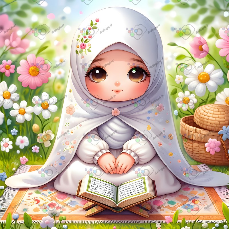 بک گراند کودکانه دختر بچه ناز با حجاب در حال قرآن خواندن در باغ گل-کد 44562(ویژه عکس گراف)