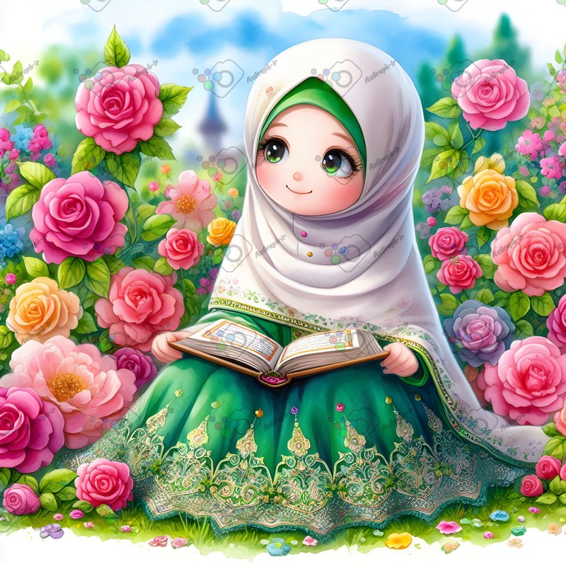 بک گراند کودکانه دختر بچه ناز با حجاب در حال قرآن خواندن در باغ گل رز-کد 44596(ویژه عکس گراف)