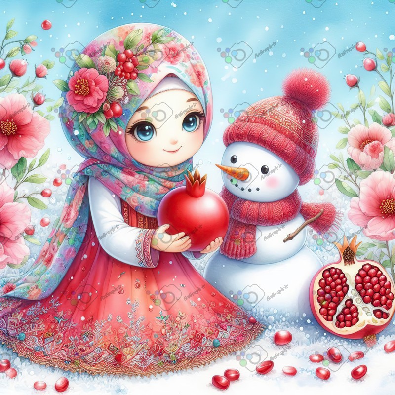 بک گراند کودکانه یلدا با طرح دختر بچه با حجاب و انار و آدم برفی-کد 44739(ویژه عکس گراف)