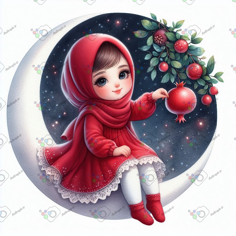 بک گراند کودکانه یلدا با طرح دختر بچه با حجاب و ماه نقره ای و انار-کد 44651(ویژه عکس گراف)