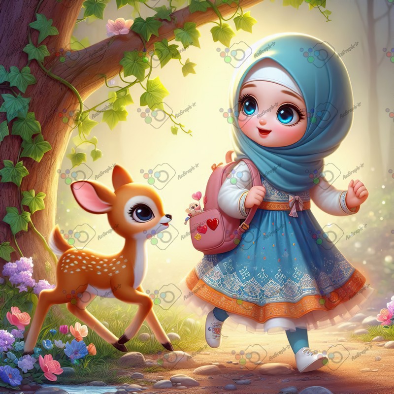 بک گراند کودکانه دختر بچه ناز با حجاب با آهوی کوچک در حال عبور از جنگل-کد 44418(ویژه عکس گراف)