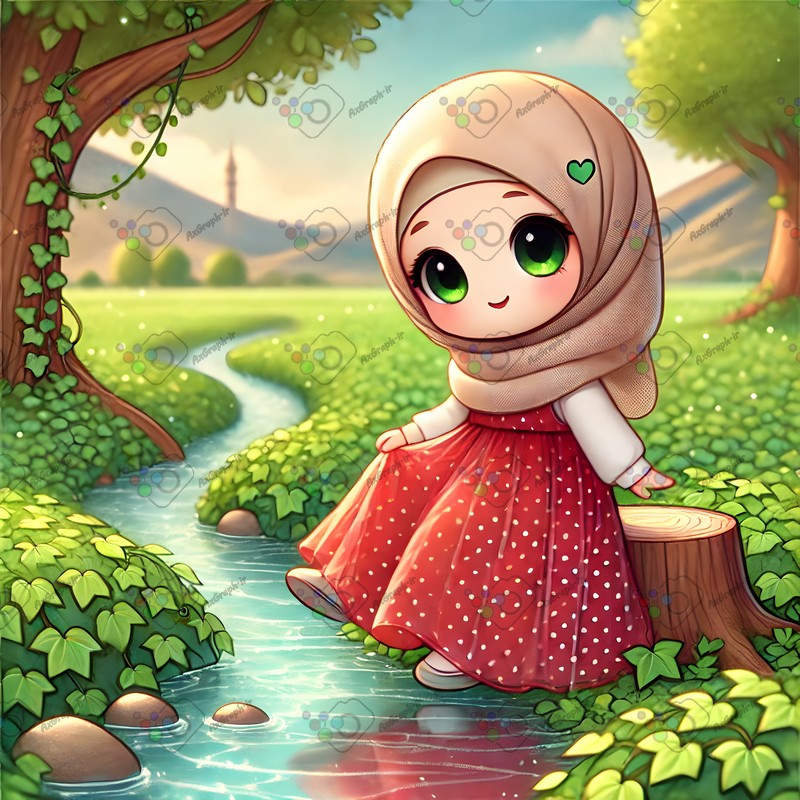 بک گراند کودکانه دختر بچه ناز با حجاب در باغ برگ های پیچک-کد 44610(ویژه عکس گراف)