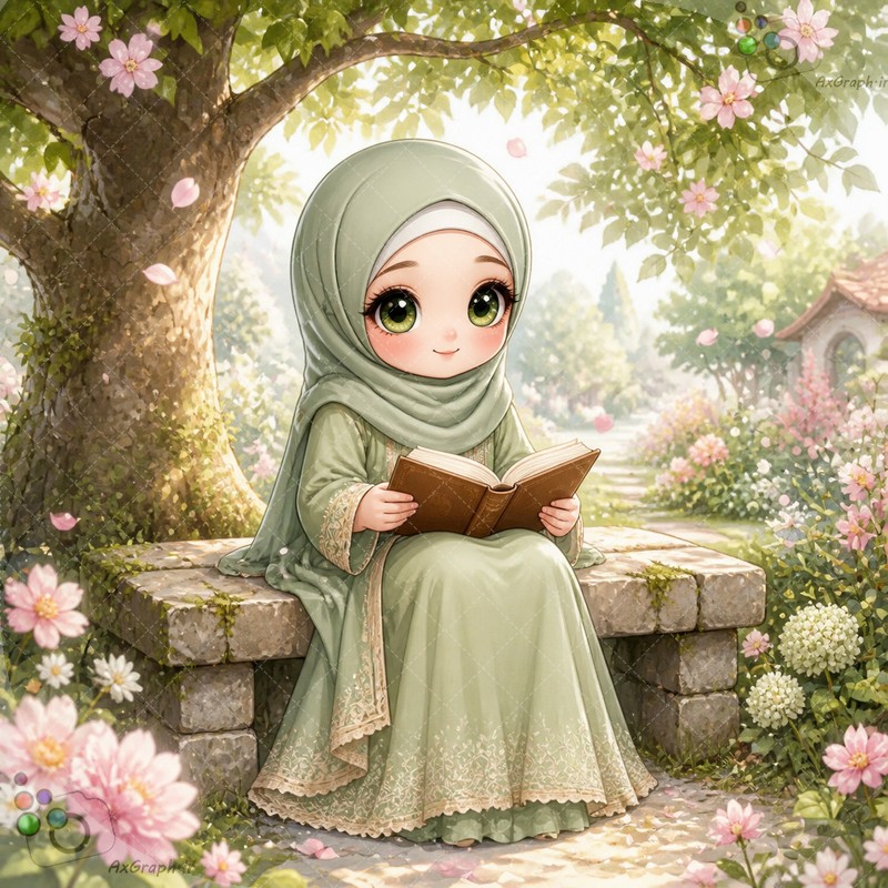 طرح دختر با حجاب و لباس سبز در حال مطالعه کتاب روی نیمکت در باغ - کد 44959 (ویژه عکس گراف)