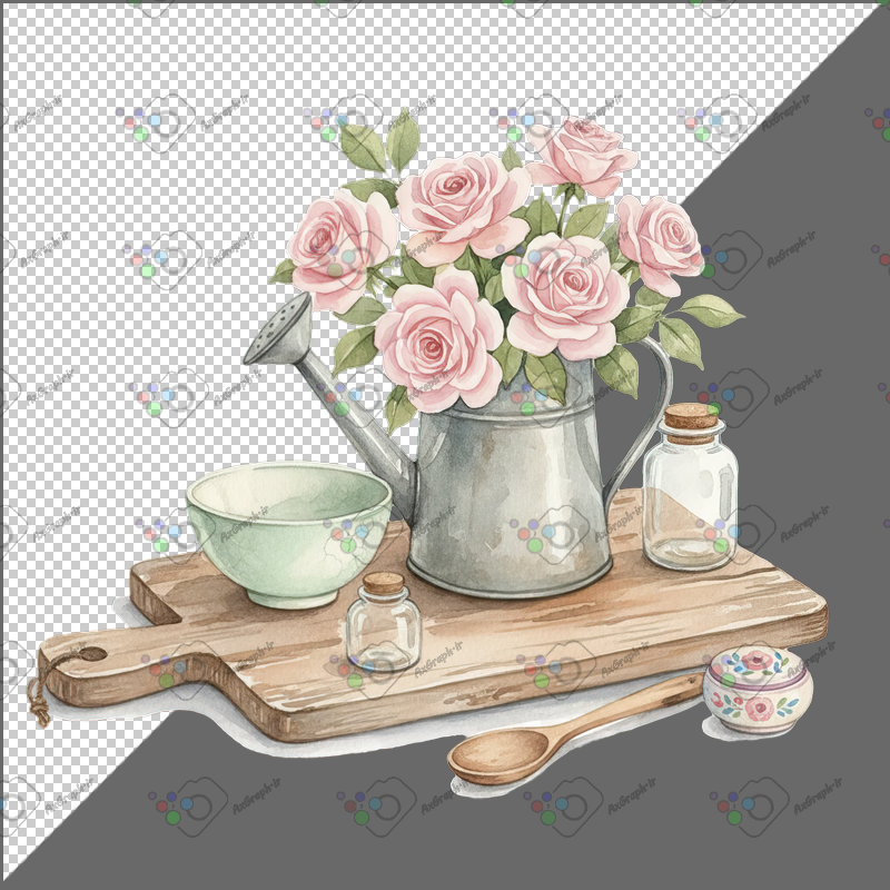 طرح برچسب گلدان آبپاش و کاسه روی تخته آشپزخانه-کد 70118(ویژه عکس گراف)