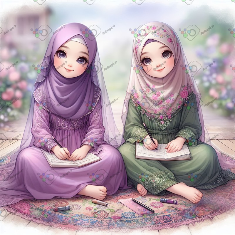 بک گراند کودکانه دختران ناز با حجاب در حال نوشتن-کد 44427(ویژه عکس گراف)