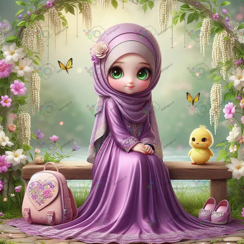 بک گراند کودکانه دختر ناز با حجاب نشسته روی نیمکت چوبی کنار جوجه کوچولو-کد 43610(ویژه عکس گراف)