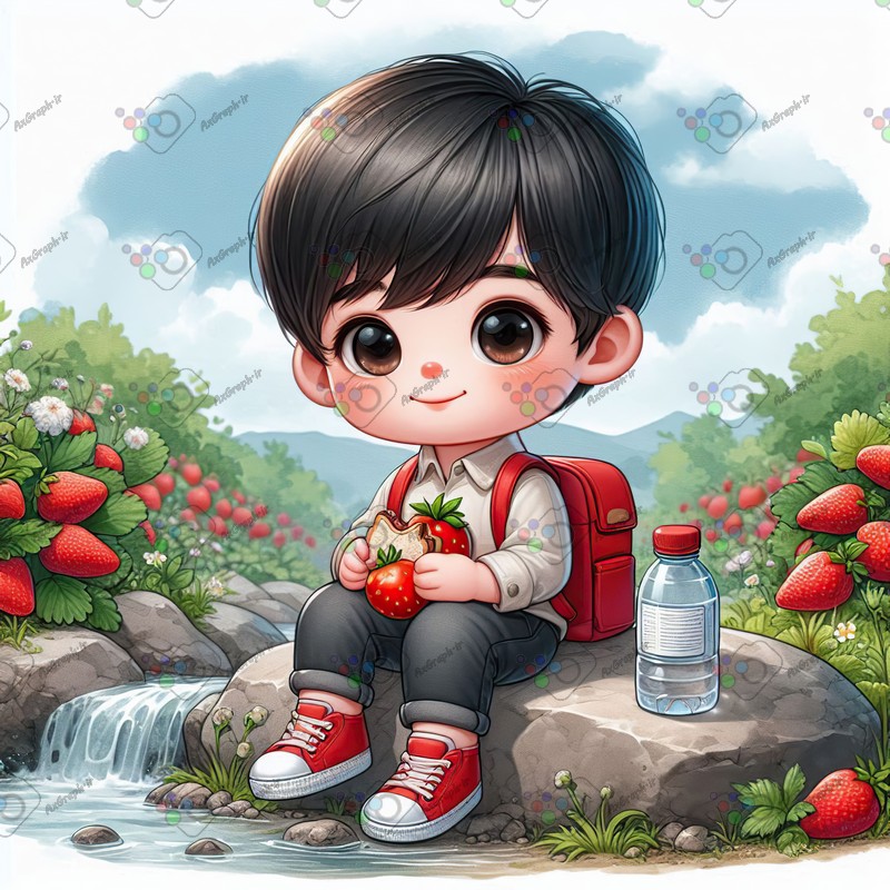 بک گراند کودکانه پسربچه بامزه در حال خوردن ساندویچ در باغ توت فرنگی-کد 44474(ویژه عکس گراف)