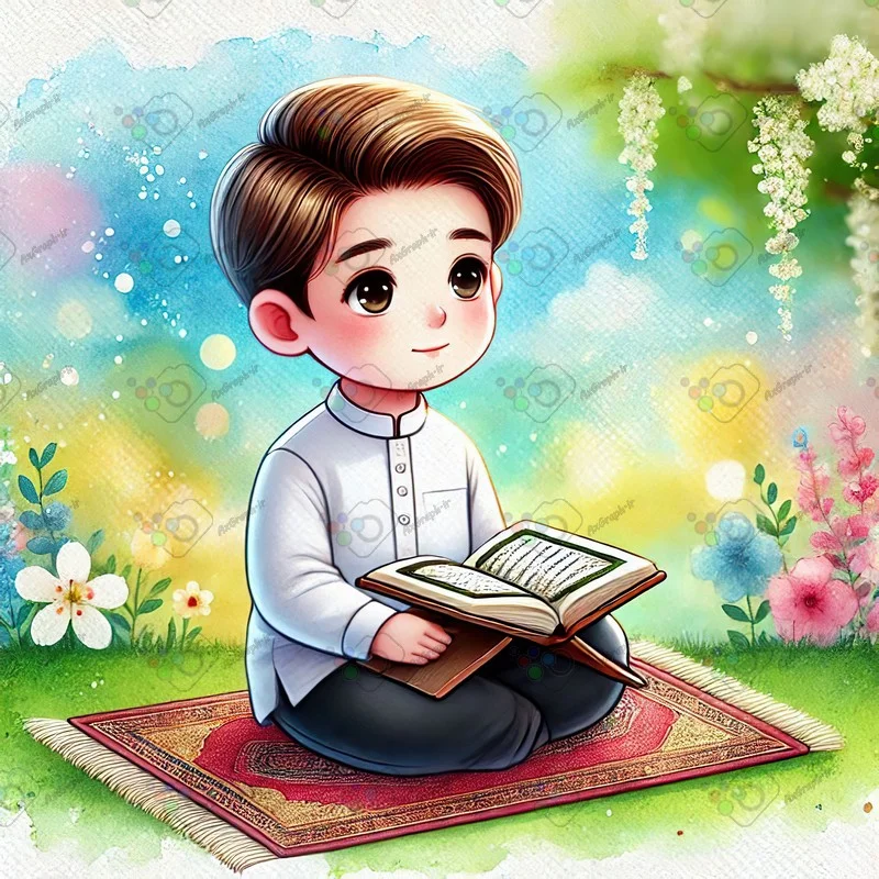 بک گراند کودکانه پسر نوجوان نشسته روی سجاده در حال قرآن خواندن در باغ بهاری-کد 43869(ویژه عکس گراف)