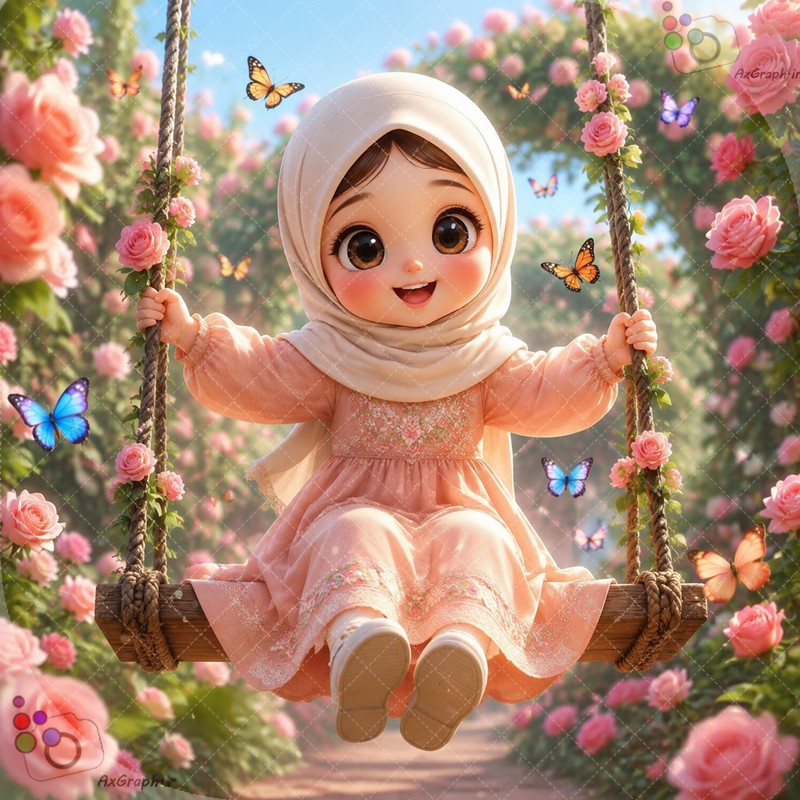 🌟🦋 طرح دختربچه معصوم باحجاب روی تاب گل‌دار در باغ بهشتی و پروانه‌ها - کد ۴۵۰۱۹ (ویژه عکس گراف) 🌸🎠✨