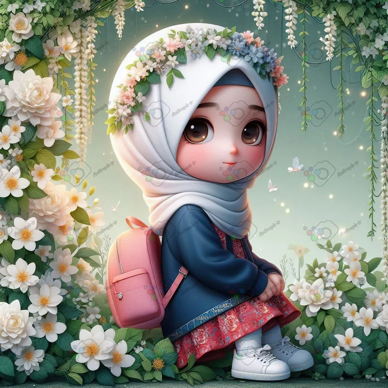 بک گراند کودکانه دختربچه ناز با حجاب با کوله صورتی در حال نشستن میان گلهای یاس سپید-کد 43597(ویژه عکس گراف)