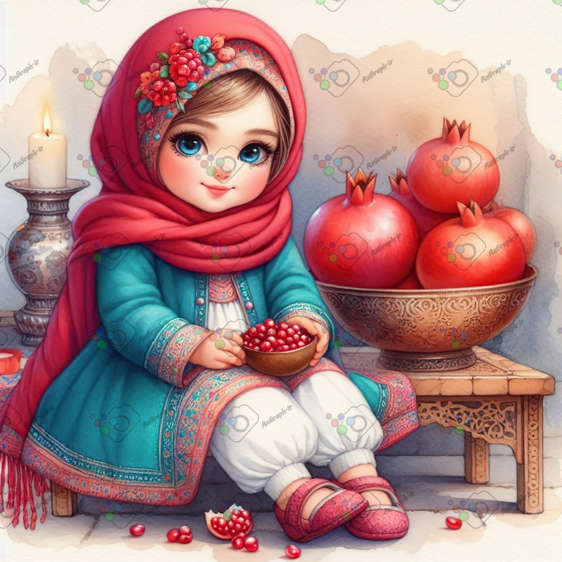 بک گراند کودکانه یلدا با طرح دختر بچه با حجاب با کاسه انار-کد 44661(ویژه عکس گراف)