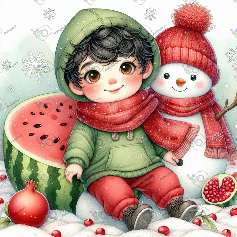 بک گراند کودکانه یلدا با طرح پسربچه و آدم برفی و هندونه و انار در برف-کد 44789(ویژه عکس گراف)