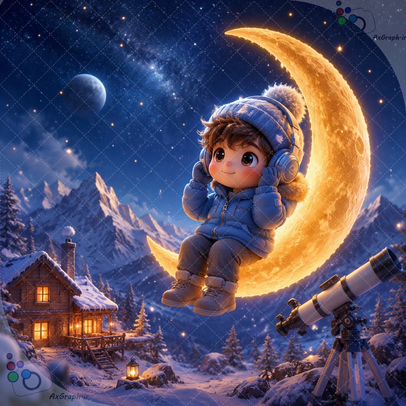 طرح پسربچه فانتزی نشسته روی هلال ماه با هدفون در شب برفی - کد ۴۴۹۶۸ (ویژه عکس گراف)