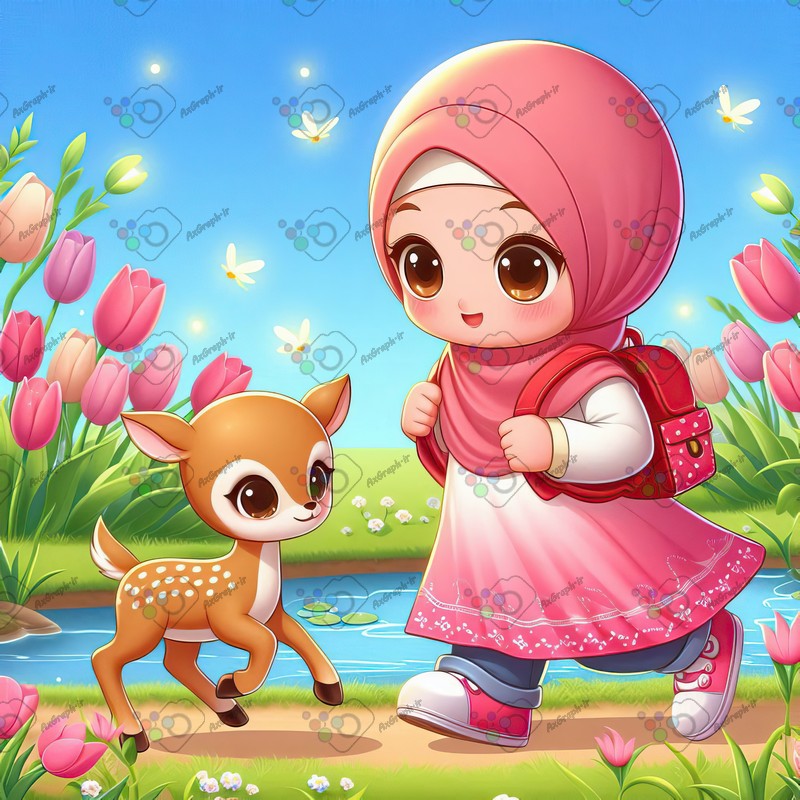 بک گراند کودکانه دختر بچه ناز با حجاب و بچه آهو  در حال بازی در باغ لاله-کد 44552(ویژه عکس گراف)