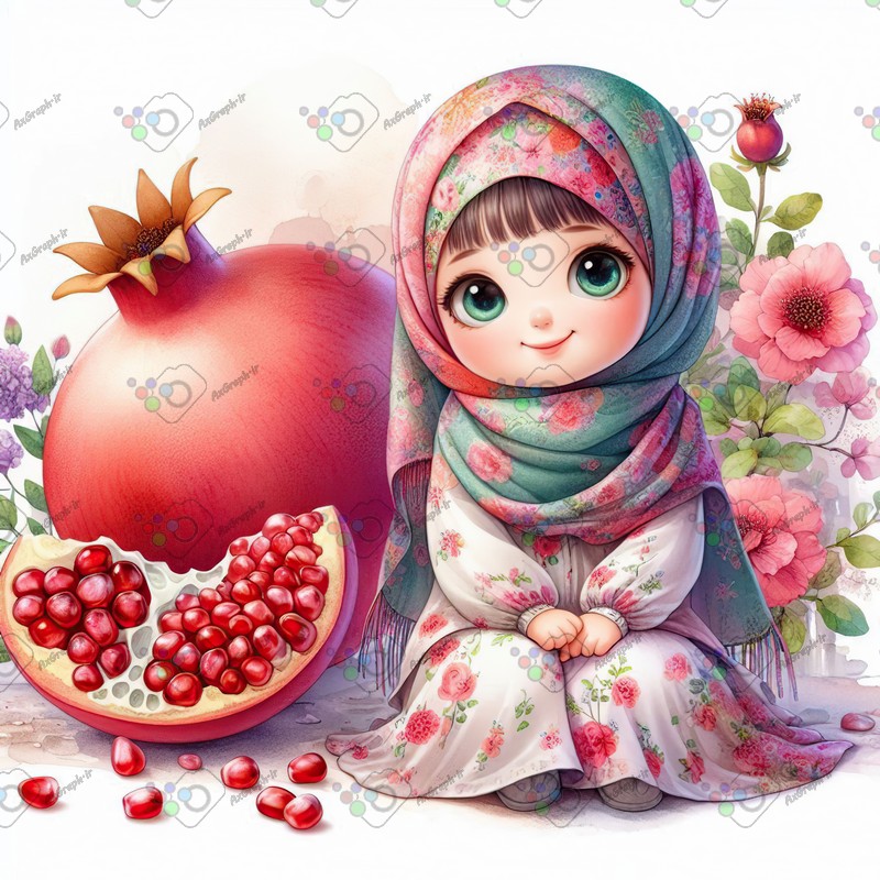 بک گراند کودکانه یلدا با طرح دختر بچه با حجاب انار غول پیکر-کد 44721(ویژه عکس گراف)