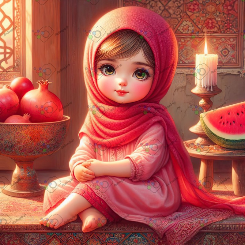 بک گراند کودکانه یلدا با طرح دختر بچه با حجاب با دکور سنتی-کد 44635(ویژه عکس گراف)