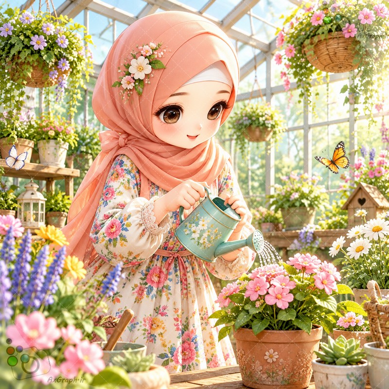 طرح دختربچه با حجاب در حال آب دادن به گل‌ها در گلخانه شیشه‌ای بهاری - کد ۴۵۰۲۸ (ویژه عکس گراف)
