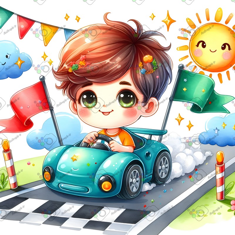 بک گراند کودکانه پسربچه با مزه در حال عبور از خط پایان مسابقه ماشین سواری-کد 44600(ویژه عکس گراف)
