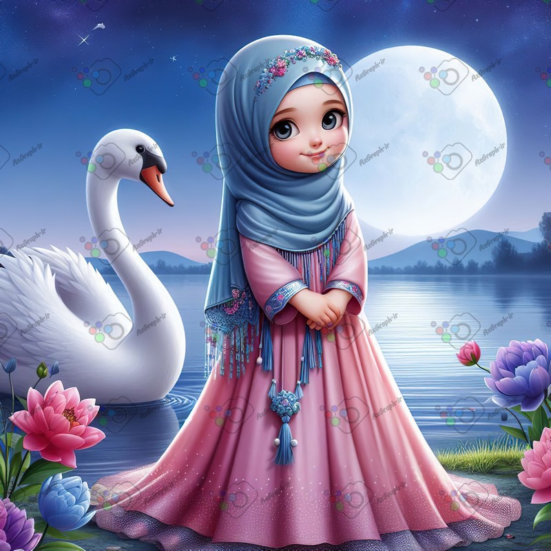 بک گراند کودکانه دختر بچه ناز با حجاب ایستاده کنار قوی دریاچه زیر نور مهتاب-کد 44420(ویژه عکس گراف)