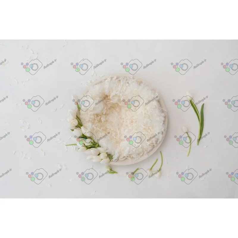 بک دراپ نوزاد کاسه چوبی و گلهای لاله سپید-کد 5303