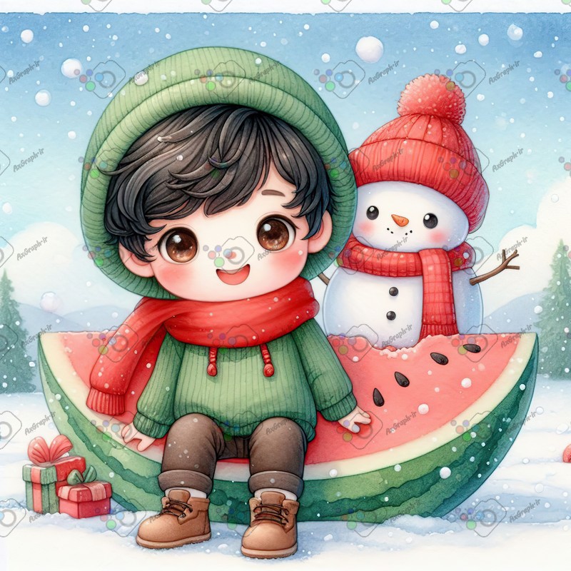 بک گراند کودکانه یلدا با طرح پسربچه و آدم برفی و هندونه-کد 44804(ویژه عکس گراف)