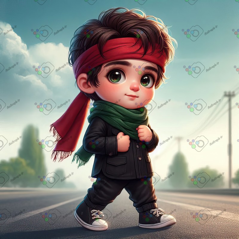 بک گراند کودکانه پسر بچه با لباس مشکی و شال و سربند در حال راه رفتن در جاده-کد 44368(ویژه عکس گراف)