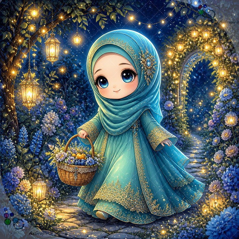 طرح دختربچه عروسکی باحجاب با لباس فیروزه‌ای و سبد گل در باغ چراغانی شبانه - کد 44942 (ویژه عکس گراف)