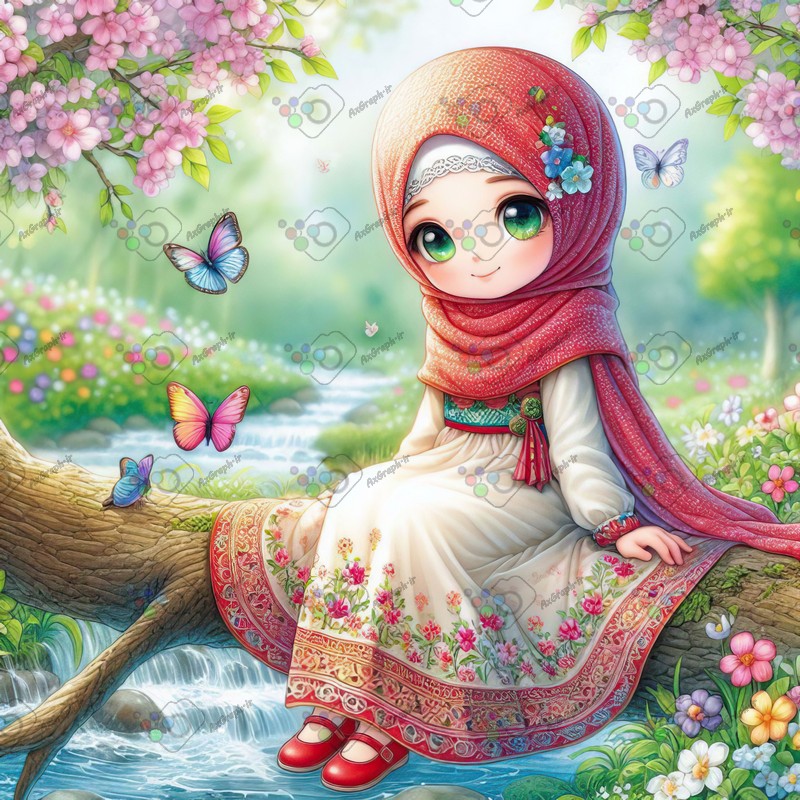 بک گراند کودکانه دختربچه ناز با حجاب نشسته روی شاخه درخت-کد 44815(ویژه عکس گراف)