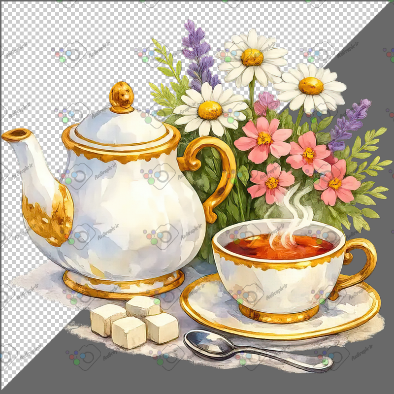 طرح برچسب فنجان چای و قوری و دسته گل-کد 70082(ویژه عکس گراف)