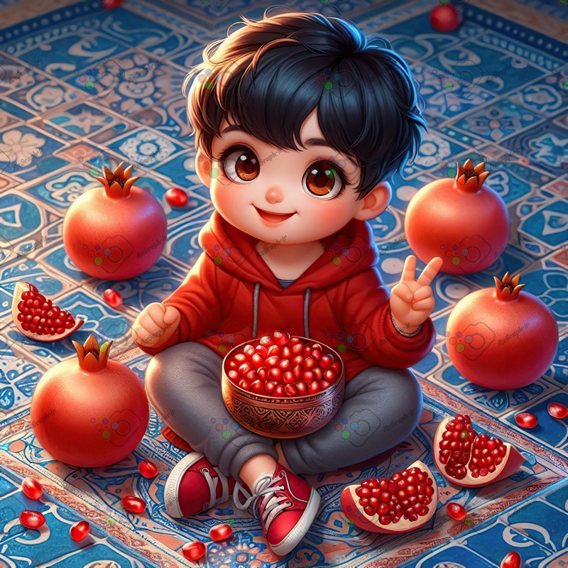 بک گراند کودکانه یلدا با طرح پسربچه با مزه و انار و کاشی های آبی-کد 44762(ویژه عکس گراف)