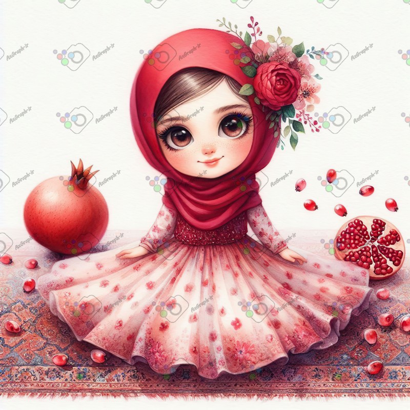 بک گراند کودکانه یلدا با طرح انار و دختر ناز با حجاب نشسته روی فرش ایرانی-کد 44645(ویژه عکس گراف)