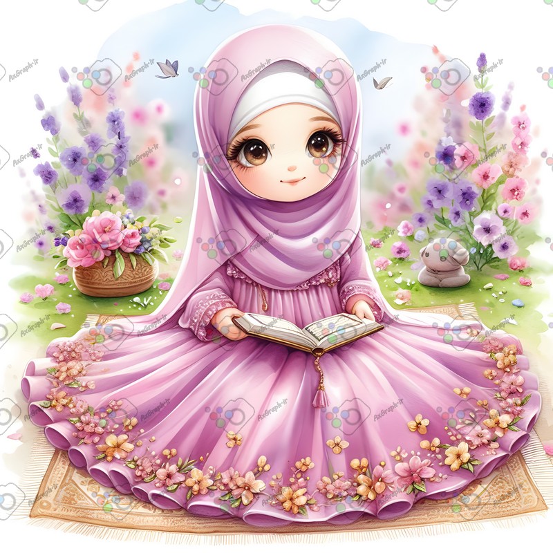 بک گراند کودکانه دختر بچه ناز با حجاب در حال قرآن خواندن در باغ گلها-کد 44560(ویژه عکس گراف)